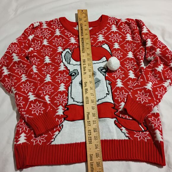 Ugly Christmas Sweater Med LAMA Santa PomPom Red Christmas Trees Snowflakes POOF - Picture 7 of 9